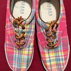 Gently Used Ralph Lauren multicolored plaid sneakers size 8.